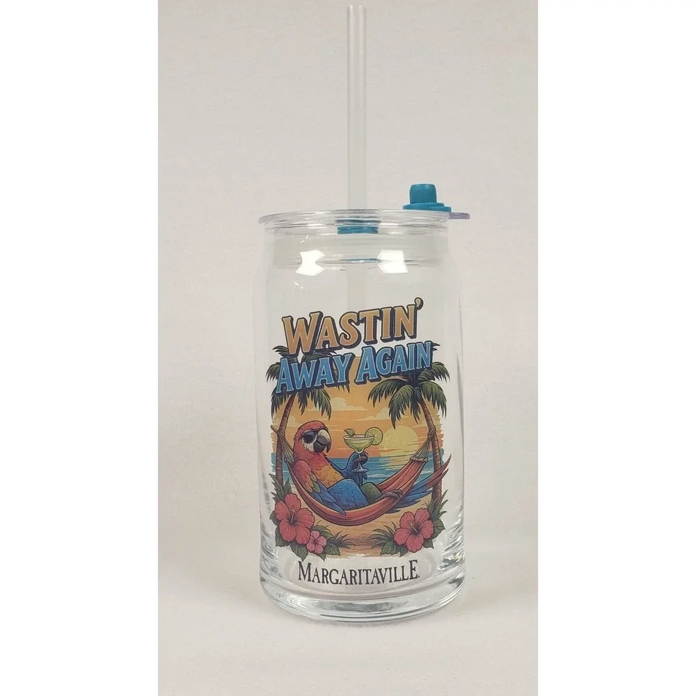 Margaritaville Sipper Glass Cup Wastin Away Again 16oz with Lids & Straws NEW